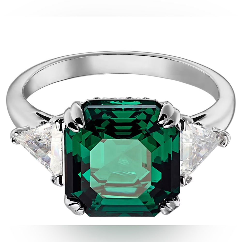 Swarovski Emerald Green Square-Cut Crystal Ring with Clear Side Stones